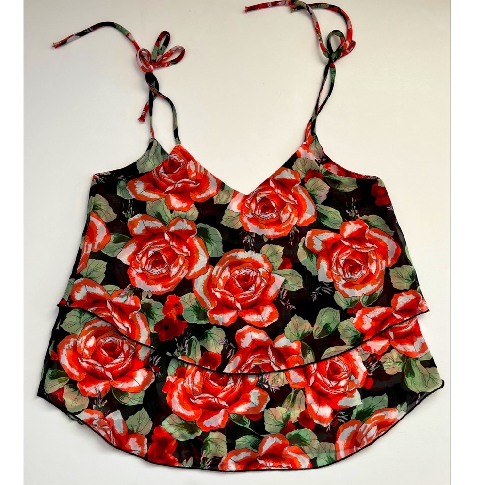 CiCi Women’s Black Floral Print Tie Strap V-Neck Double Layered Tank Top Small